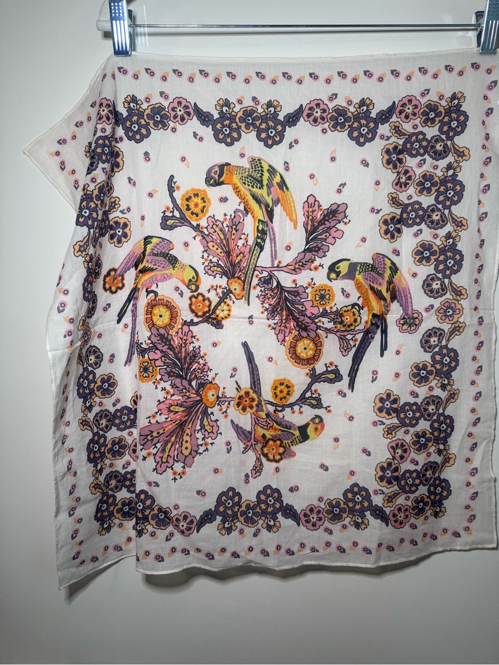 Madewell Parrot & Floral 100-% organic Cotton Scarf in Pink, Yellow & Purple